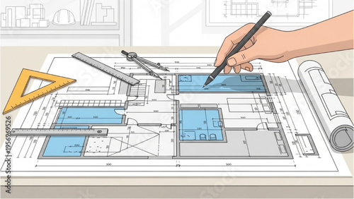 A hand draws a blueprint with a pencil on paper using tools.