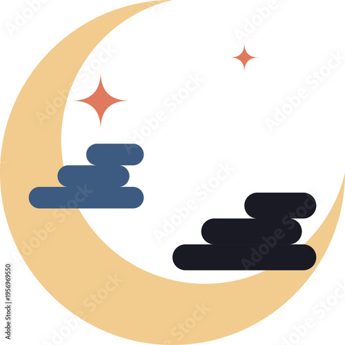 Minimalist illustration of a yellow crescent moon with blue and dark clouds and orange stars on white background