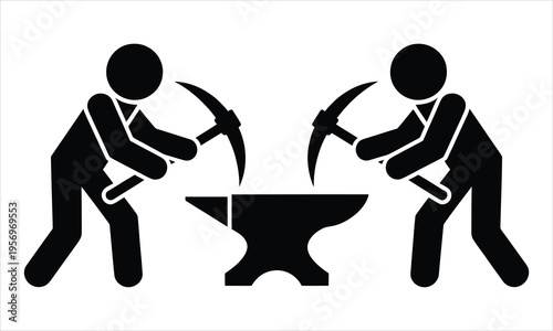Two black silhouette figures striking an anvil with pickaxes in a symmetrical arrangement