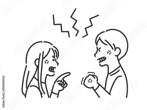 喧嘩をするカップルのイラスト　線画のみ