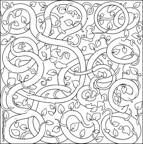 Vector seamless pattern of intertwined snakes and leaves