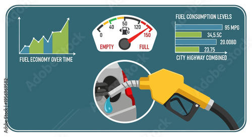 An infographic illustrating fuel economy over time, consumption levels, and a gas pump nozzle filling a vehicle, highlighting automotive fuel efficiency.
