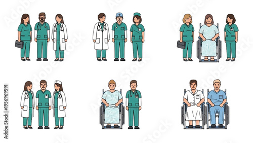 Medical staff and patients interact in a hospital setting with doctors and nurses