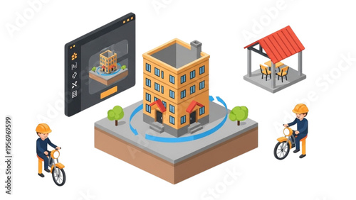 Isometric illustration of people cycling around a building with technology