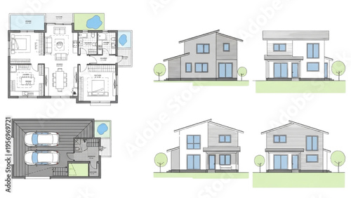 Architects design modern house blueprints and elevations with trees nearby