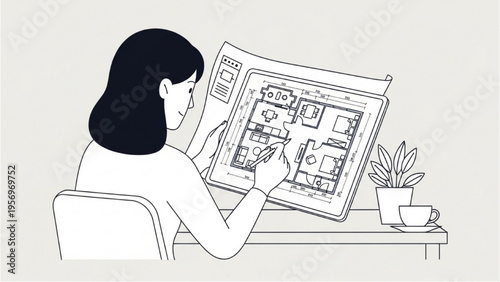 Woman sitting at desk examining large architectural blueprint with coffee
