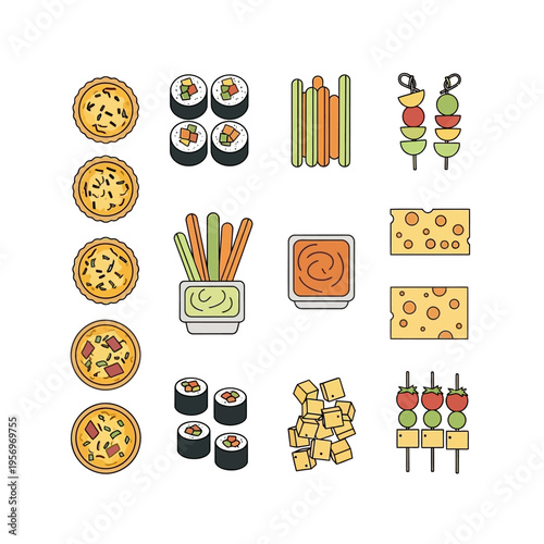 Assorted Party Food Icons: Mini Pizzas, Sushi, Veggie Sticks, Skewers, Cheese