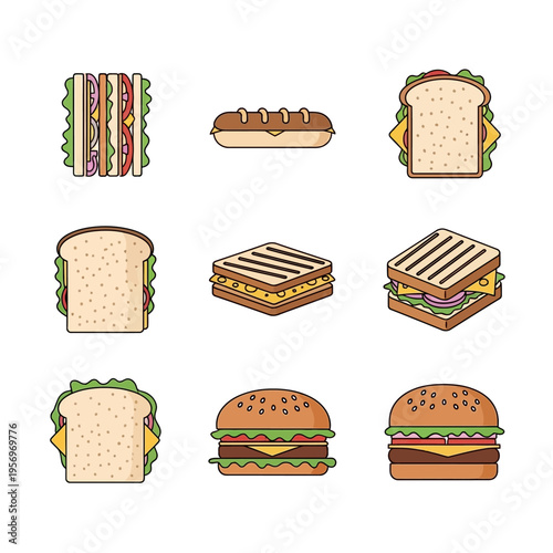 Assorted Delicious Sandwiches and Burgers Flat Design Icons Set