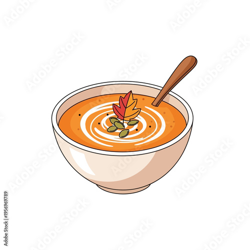 Autumn Pumpkin Soup Bowl with Spoon, Cream Swirls, and Seeds