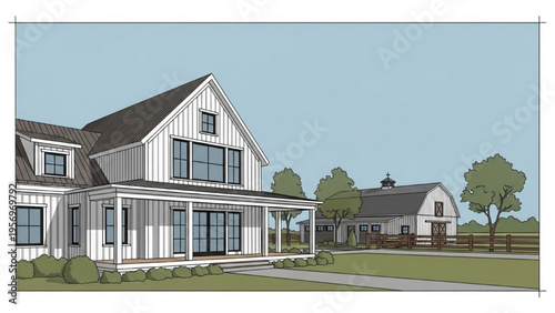 A large white house with a covered porch and a barn in a rural landscape setting outdoors