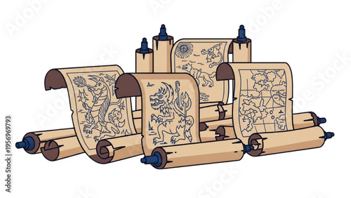 Ancient scrolls and quills arranged on a surface indoors