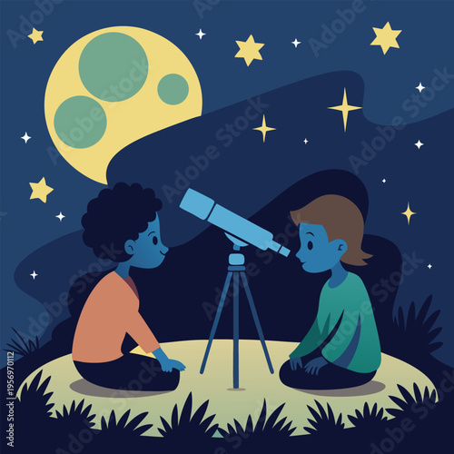 Two children gaze at the cosmos through a telescope, symbolizing discovery and the magic of stargazing.
