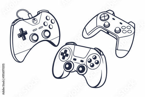Three gaming controllers in black and white line gamepads joysticks remote controls