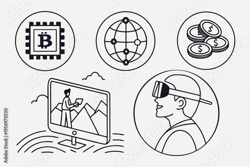 Virtual reality and cryptocurrency bitcoin computer globe