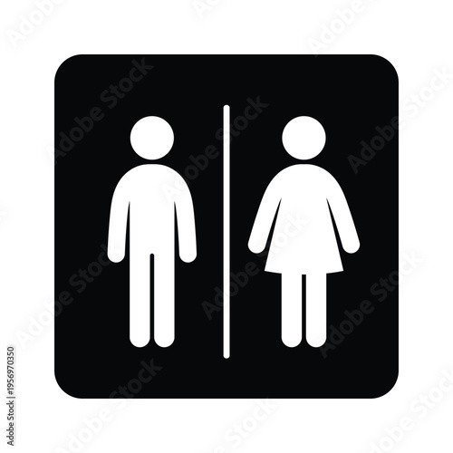 Black and white icon depicts restroom doors. Left door shows male figure. Right door shows female figure. Simplicity suggests public facility. Symbolic for gender-separated restrooms