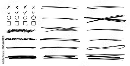 Set of highlights, crosses, lenes, marks. Handwriting design template underlines. Scribble doodle underlines. Marker or pen hand drawn writing 