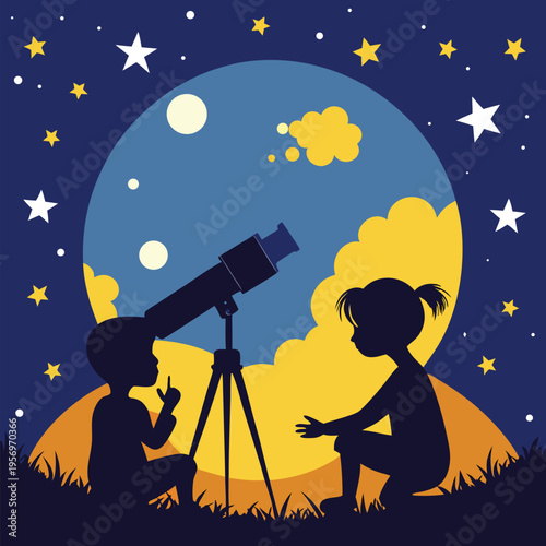 Two kids, depicted as silhouettes, gather around a telescope to observe the night sky and celestial wonders.