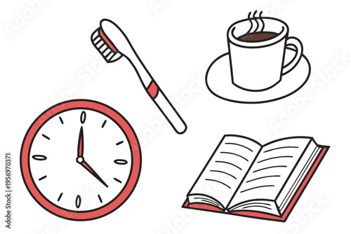 Four daily routine with red accents on white background toothbrush coffee cup clock book