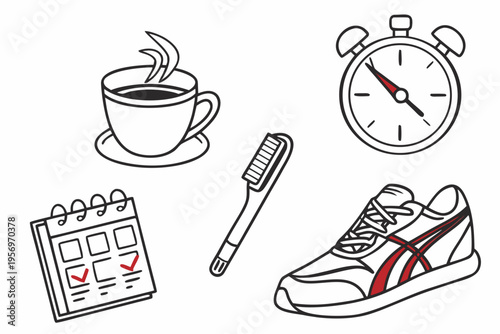 Five daily routine with red accents on white background toothbrush coffee cup clock calendar