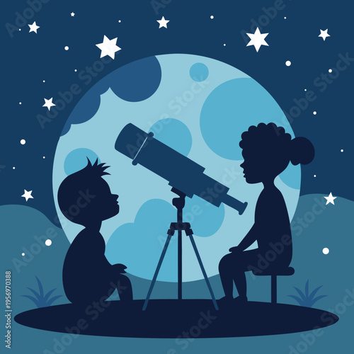 A pair of children silhouette around a telescope, looking up at the endless stars, representing youthful dreams.