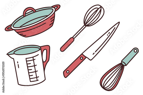 Colorful kitchen utensils and dishes on white background cooking whisk knife