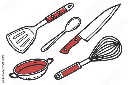 Red and white kitchen utensils on white background cooking spatula spoon