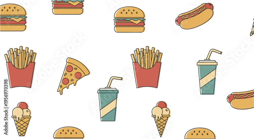A seamless pattern featuring various popular fast food items like burgers, fries, pizza, hot dogs, drinks, and ice cream on a white background.