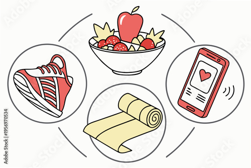 Healthy lifestyle in a circular pattern fitness wellness nutrition