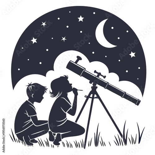 Two young silhouettes are fascinated by the night sky, using a telescope for cosmic exploration and learning.