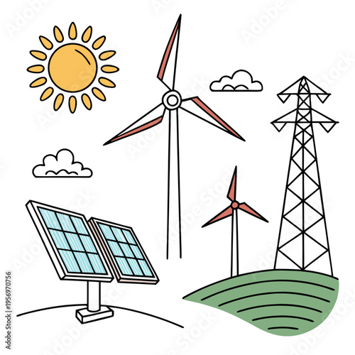 Renewable energy sources with solar panels wind turbines and power lines green