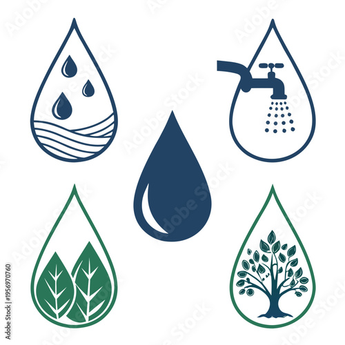 Water droplet with environmental and eco friendly symbols green