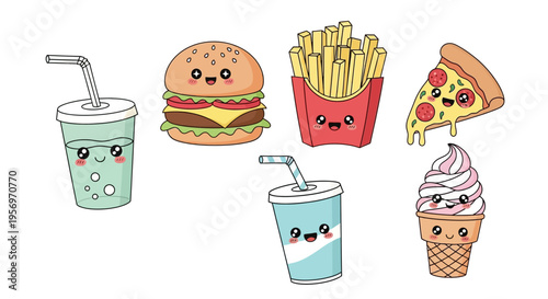 Cute kawaii style fast food and drinks collection with happy faces on a white background.