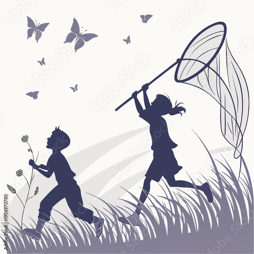 Two children chase colorful butterflies in a meadow at sunset, symbolizing freedom and the joy of childhood.