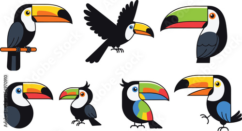 Colorful Toucan Bird Cartoon Character Set with Perched and Flying Exotic Tropical Birds Collection Vector Illustration Isolated on White Background