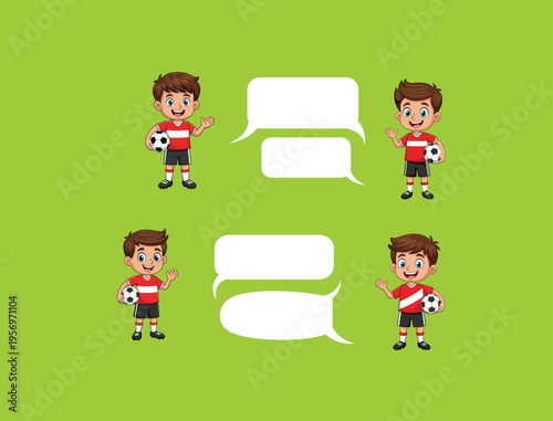 Cartoon vector illustration of a happy young boy soccer player holding a ball with blank speech bubbles for sports messages