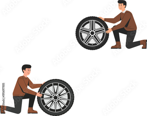 Flat vector illustration of a male mechanic or driver changing a car tire and wheel for automotive service maintenance concept