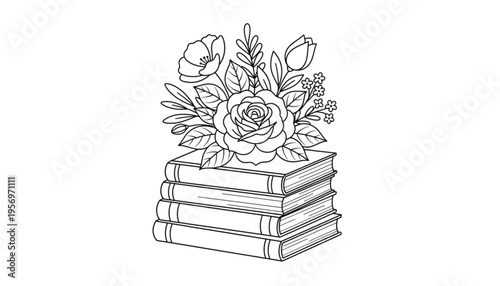 Elegant Stack of Books with Botanical Flowers Line Art. Reading, Learning, Education, Wisdom, and Literary Design.