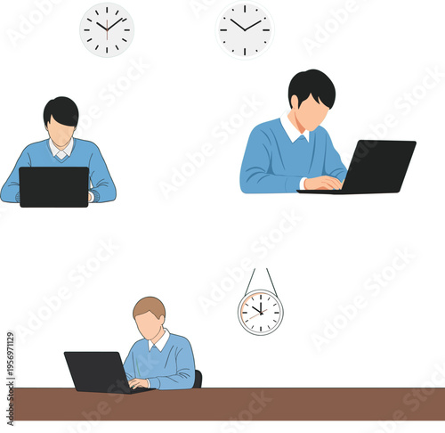 Flat vector illustration of businessman working on laptop with wall clocks showing time management concept for remote work office