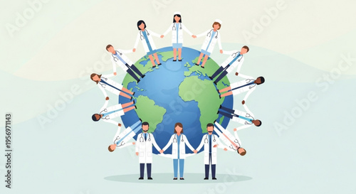 Diverse medical professionals forming a circle around the globe symbolizing global healthcare unity international medical collaboration and worldwide health awareness with doctors