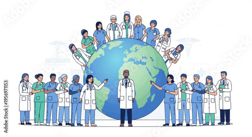 Diverse team of healthcare professionals from around the globe surrounding a vibrant planet earth symbolizing universal medical care global health initiatives and international