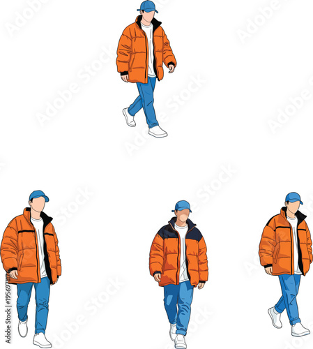 Flat vector illustration set of male character wearing orange puffer jacket and blue cap for winter fashion and urban streetwear