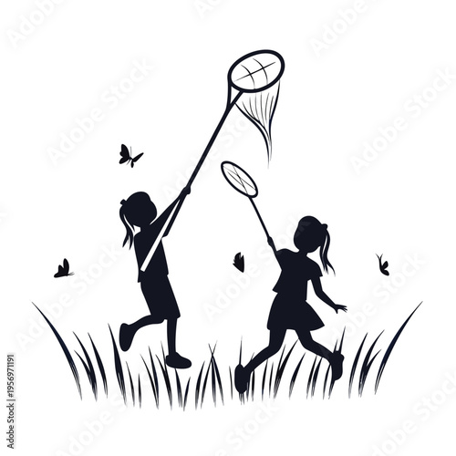 Silhouette of two kids having fun, running and chasing butterflies in a sun-drenched, natural landscape.