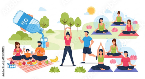 Diverse group of people enjoying outdoor activities like yoga exercise and healthy picnics in a sunny park promoting wellness fitness and relaxation with fresh water and vibrant