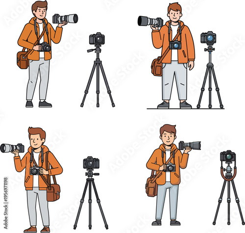 Flat vector illustration set of professional male photographer character with DSLR camera tripod and telephoto lens for photography workshop