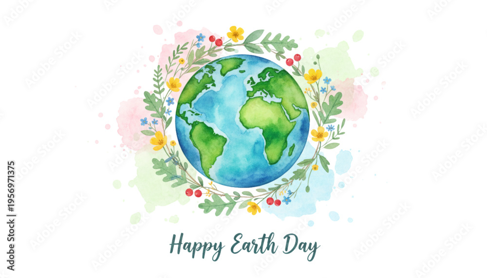 Naklejka premium Happy Earth Day Watercolor Globe with Floral Wreath Environmental Protection, Sustainability, and Nature Celebration