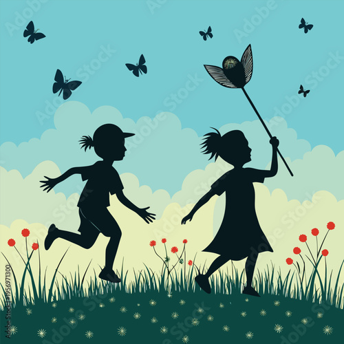 Two playful children silhouettes capture the essence of carefree summer days, chasing butterflies in open nature.