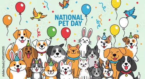 Joyful national pet day celebration with a diverse group of happy dogs and cats wearing party hats and bunny ears surrounded by colorful balloons and confetti creating a festive