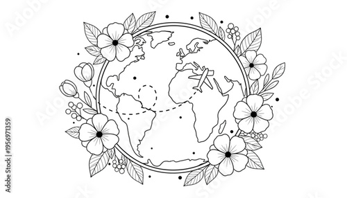Earth Globe Floral Line Art Illustration for Global Travel Eco Friendly Journey and Nature Exploration