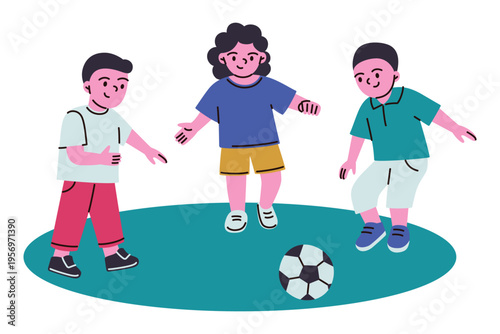 Flat cartoon preschool children playing football, two girls and boy running with ball. Kids sport and outdoor activity, childhood fun vector illustration, isolated colored clipart on white background