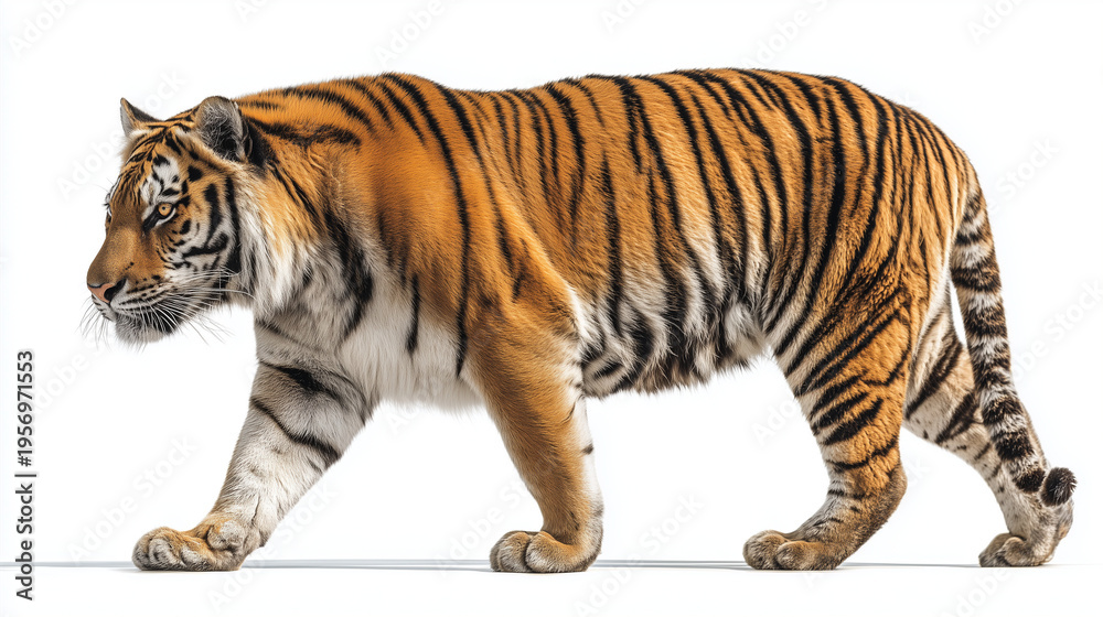 Obraz premium Full body Bengal tiger isolated on pure white background, detailed fur and stripes, powerful wild predator in clean studio style for cutout and design use.